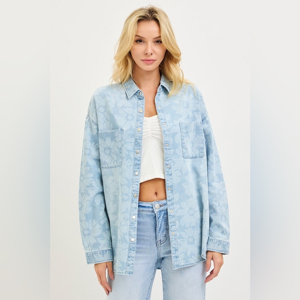 Floral Print Denim Button Down Shirt - Risen - Picture 2 of 6